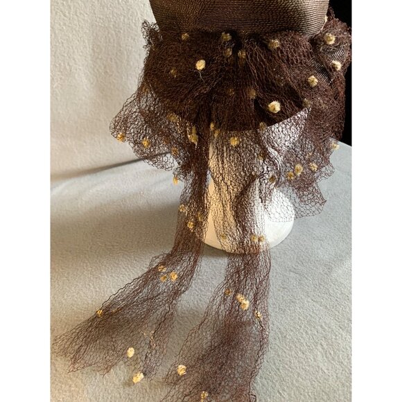 Ladies Brown Hat with netting and Pom Pom accents Sz 22 Vintage